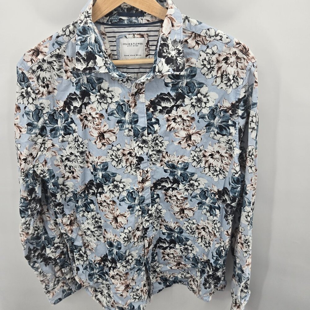 Denim & Flower Ricky Singh Blue Floral Button Down Long Sleeve Shirt Medium